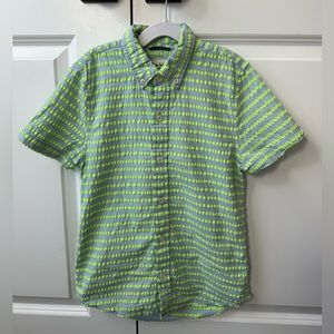 Mini Boden Boys Neon Green Striped Button Down Short Sleeve Shirt (Size 9-10)